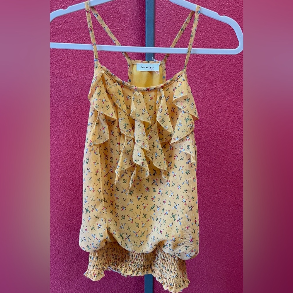 January 7 Mustard Yellow Floral Ruffle Cami